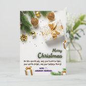 金ゴールドパーソナライズされた赤面クリスマスツリーグリーティング サンキューカード (スタンド正面)