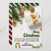 金ゴールドパーソナライズされた赤面クリスマスツリーグリーティング サンキューカード (正面/裏面)