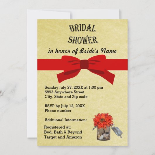 金ゴールドパーチメントオレンジフラワーインジャーブライダルシャワー 招待状 (正面)