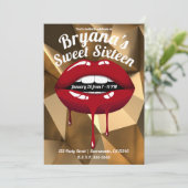 金ゴールドパーティーラグジュアリーレッドドリップリップスウィート16 招待状 (スタンド正面)