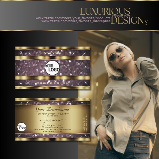 金ゴールドパープエレガントルグリッタースパークルスター追加ロゴ 名刺