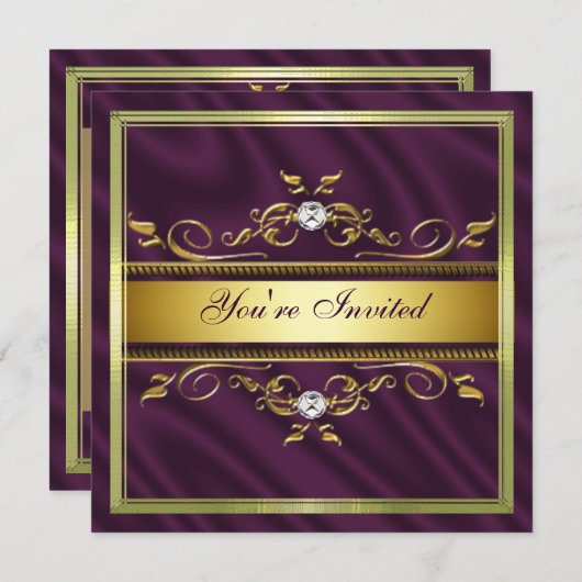 金ゴールドパープエレガントルシルク/サテンパーティの招待状テ 招待状 (正面/裏面)
