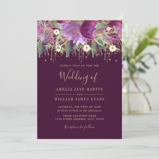 金ゴールドパープルきらめくアメジスト結婚式招待状 招待状 (スタンド正面)