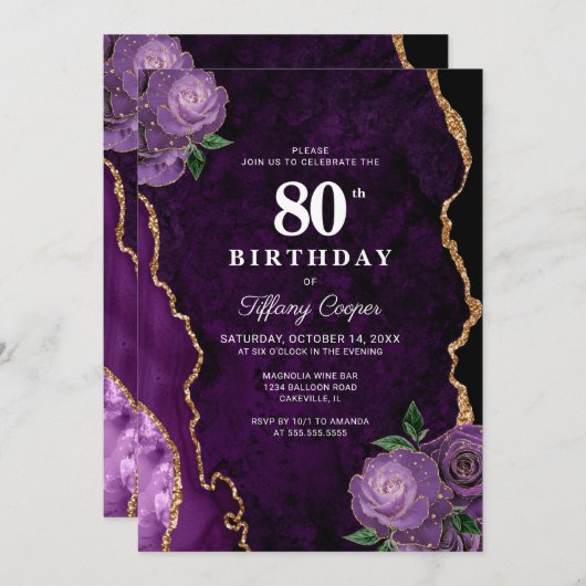 金ゴールドパープルアガテ80誕生日 招待状 (正面/裏面)