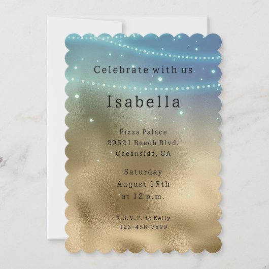 金ゴールドパープルアクアスパークルグリジーマーメイド誕生日 招待状 (正面)