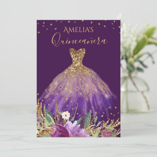 金ゴールドパープルアメジストドレスキンセアニェラ招待状 招待状 (スタンド正面)