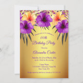 金ゴールドパープルイエローハイビスカスパームスバースデーパーティー 招待状 (正面)