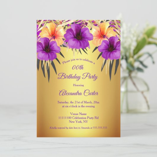 金ゴールドパープルイエローハイビスカスパームスバースデーパーティー 招待状 (スタンド正面)
