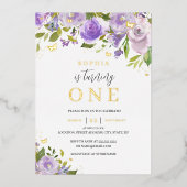 金ゴールドパープルウォーター色フローラガール1st誕生日 箔招待状 (正面)