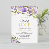 金ゴールドパープルウォーター色フローラガール1st誕生日 箔招待状 (立ち正面)
