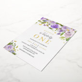 金ゴールドパープルウォーター色フローラガール1st誕生日 箔招待状 (回転した状態)