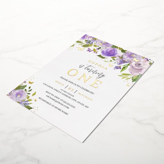 金ゴールドパープルウォーター色フローラガール1st誕生日 箔招待状 (回転した状態)