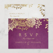 金ゴールドパープルエレガントヴィンテージレース結婚式RSVP インビテーションポストカード (正面/裏面)