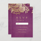 金ゴールドパープルエレガントヴィンテージレース結婚式RSVP 出欠カード (正面/裏面)