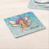 金ゴールドパープルガーリーブルーグリッタースパークルフェアリーダスト スクエアペーパーコースター (アングル)