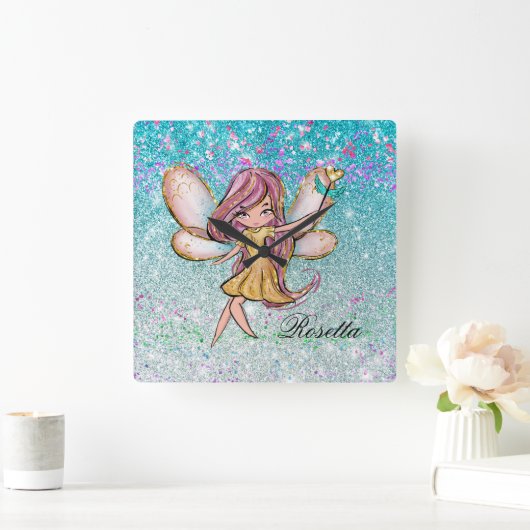 金ゴールドパープルガーリーブルーグリッタースパークルフェアリーダスト スクエア壁時計 (ホーム)