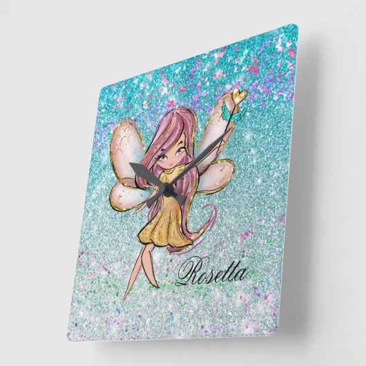 金ゴールドパープルガーリーブルーグリッタースパークルフェアリーダスト スクエア壁時計 (傾斜)