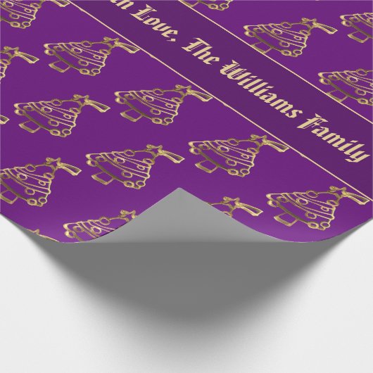 金ゴールドパープルクフェイクリスマスツリーパターン追加文字 ラッピングペーパー (角)