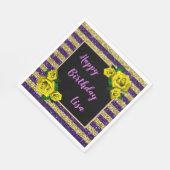 金ゴールドパープルグリッターストライプズイエローローズ誕生日 スタンダードランチョンナプキン (角)