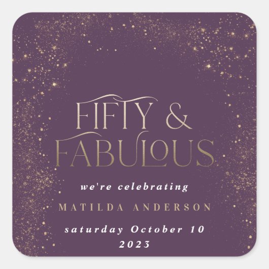 金ゴールドパープルグリッター50と素晴らしい誕生日パーティー スクエアシール (正面)