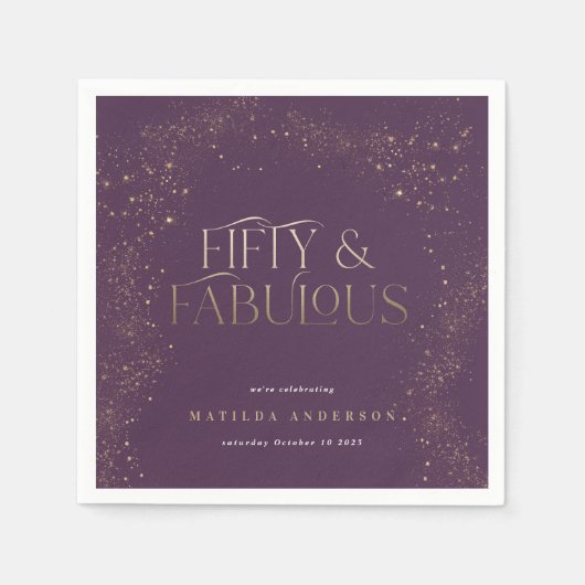 金ゴールドパープルグリッター50と素晴らしい誕生日パーティー スタンダードカクテルナプキン (正面)