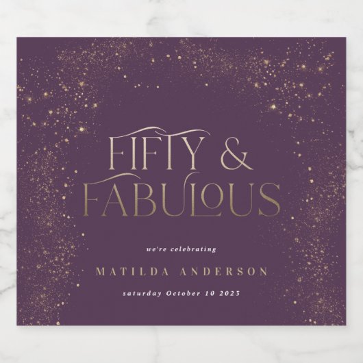 金ゴールドパープルグリッター50と素晴らしい誕生日パーティー スパークリングワインラベル (シングルラベル)