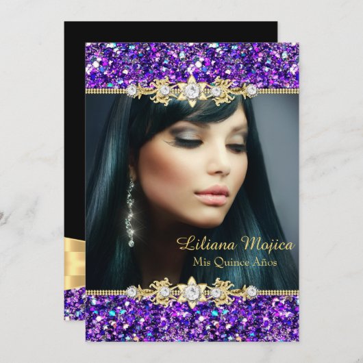 金ゴールドパープルグリッター&ジュエルボウキンセアニェラ 招待状 (正面/裏面)