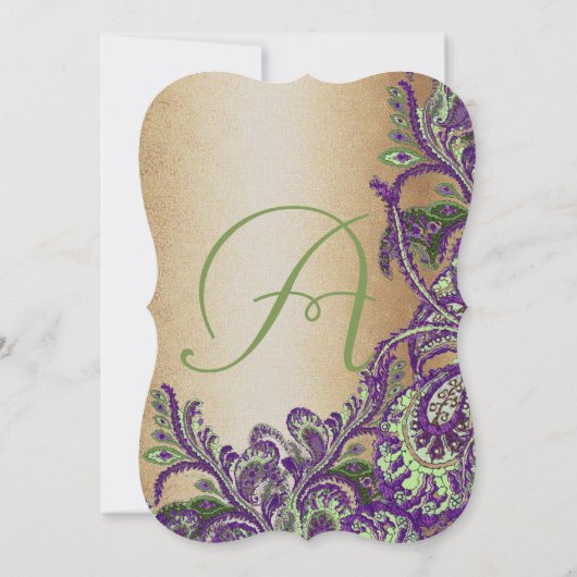 金ゴールドパープルグリーンヴィンテージピーコックペイズリー結婚ズ 招待状 (裏面)