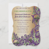 金ゴールドパープルグリーンヴィンテージピーコックペイズリー結婚ズ 招待状 (正面)