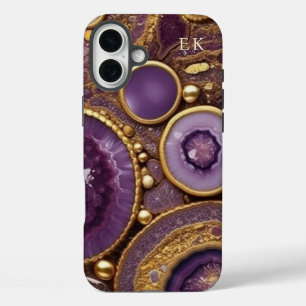 金ゴールドパープルジェムストーン iPhone 16 PLUSケース