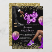金ゴールドパープルスニーカーDISCOボールガール16誕生日 招待状 (正面/裏面)