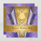 金ゴールドパープルダマスクフローラエレガントバースデーパーティー 招待状 (正面/裏面)