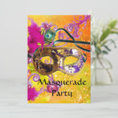 金ゴールドパープルダマスク羽毛マスクマスカレードパーティー 招待状 (スタンド正面)