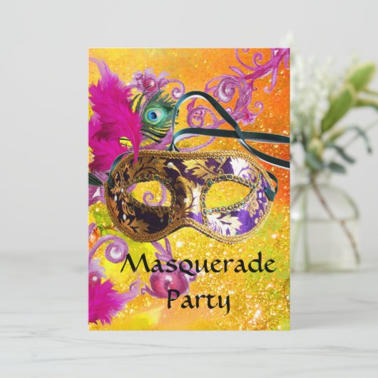 金ゴールドパープルダマスク羽毛マスクマスカレードパーティー 招待状 (スタンド正面)