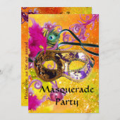 金ゴールドパープルダマスク羽毛マスクマスカレードパーティー 招待状 (正面/裏面)