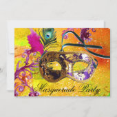 金ゴールドパープルダマスク羽毛マスクマスカレードパーティー 招待状 (正面)