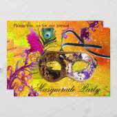 金ゴールドパープルダマスク羽毛マスクマスカレードパーティー 招待状 (正面/裏面)