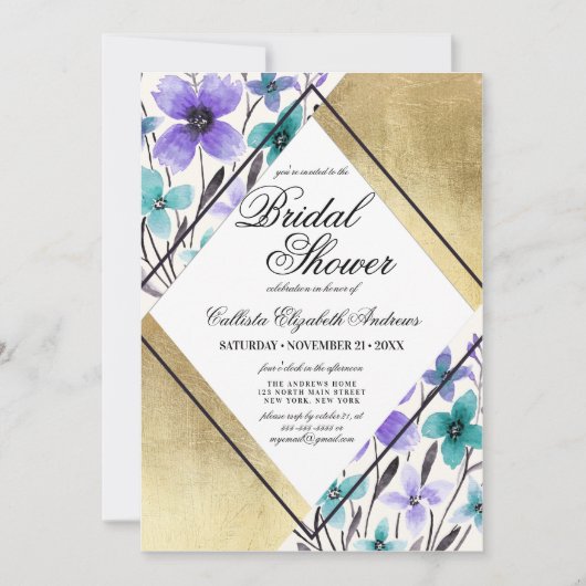 金ゴールドパープルティール(緑がかった色)フラワーウォーター色ブライダルシャワー 招待状 (正面)