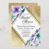 金ゴールドパープルティール(緑がかった色)フラワーウォーター色ブライダルシャワー 招待状 (正面/裏面)