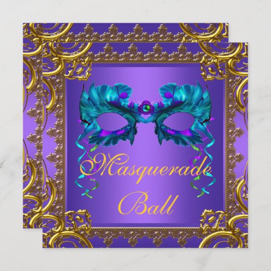 金ゴールドパープルティール（緑がかった色）ブルーマスクマスカレードボール 招待状 (正面/裏面)