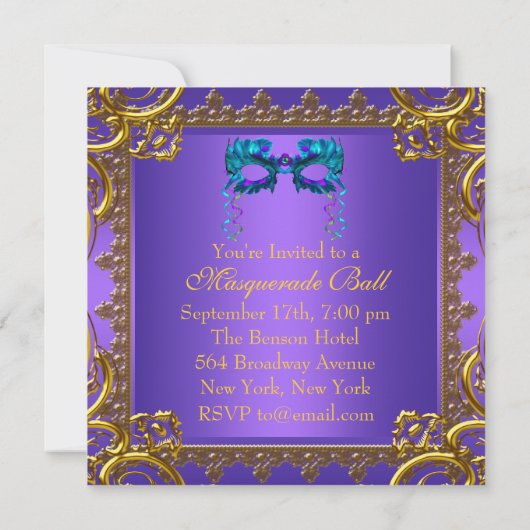 金ゴールドパープルティール（緑がかった色）ブルーマスクマスカレードボール 招待状 (裏面)
