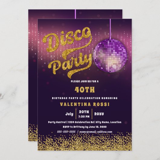 金ゴールドパープルディスコパーティー誕生日 招待状 (正面/裏面)