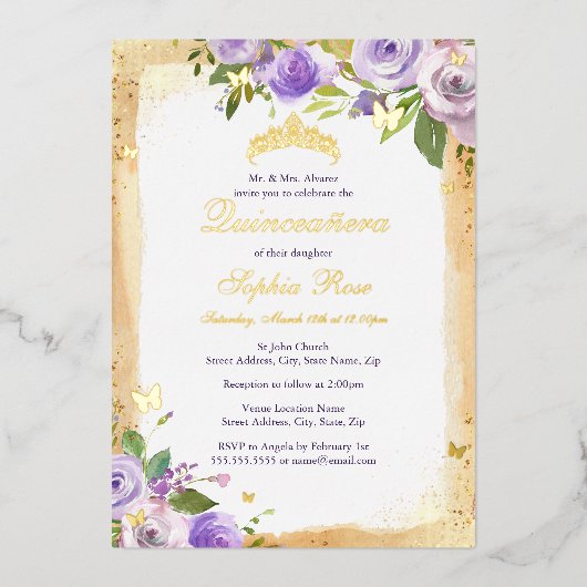 金ゴールドパープルバタフライバラフローラキンセアニェラ 箔招待状 (正面)