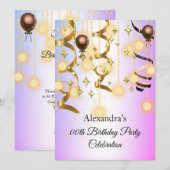 金ゴールドパープルピンクライツバースデーパーティー招待状 セーブザデート (正面/裏面)