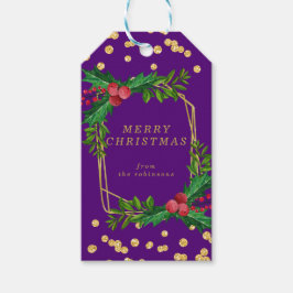 金ゴールドパープルファミリーメリークリスマスホリーグリッター ギフトタグ