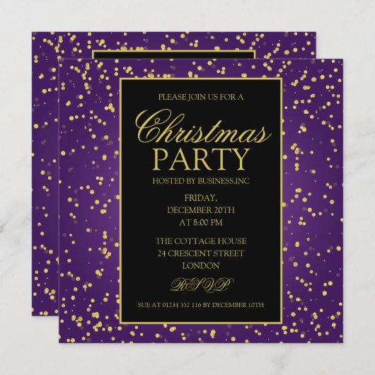 金ゴールドパープルフォイルグリッタードットクリスマスパーティー 招待状 (正面/裏面)