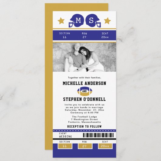 金ゴールドパープルフットボールチケット結婚式招待 招待状 (正面/裏面)