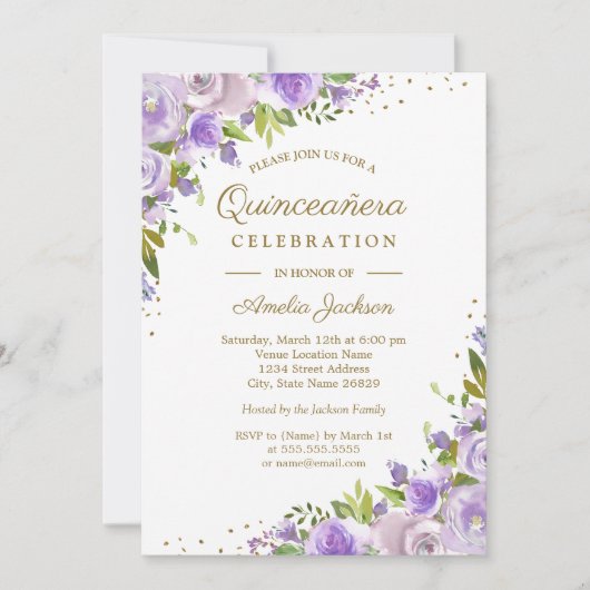 金ゴールドパープルフローラウォーターカラーキンセアニェラ招待状 招待状 (正面)