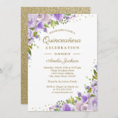 金ゴールドパープルフローラウォーターカラーキンセアニェラ招待状 招待状 (正面/裏面)