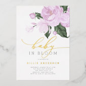 金ゴールドパープルフローラガールベビーイン開花シャワー 箔招待状 (正面)